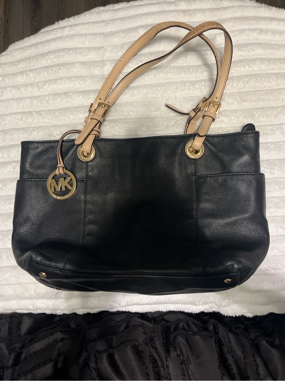 Michael Kors Black Pebbled Leather Tote Bag Gold Hardware Large Shoulder Purse